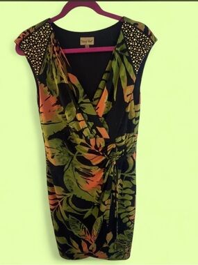 Midnight Velvet Black Floral Wrap-Front Tunic with Stud Accents